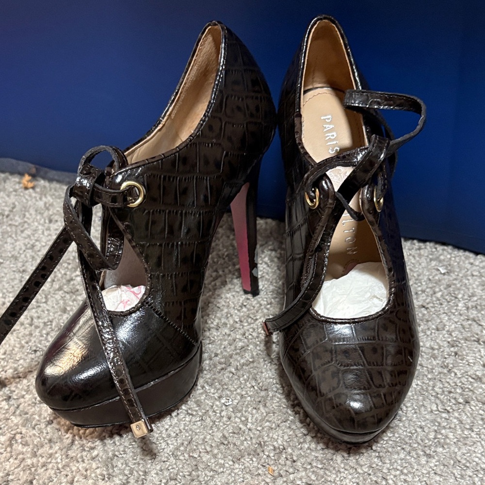 Paris Hilton Brown Crocodile Pattern Heels 6